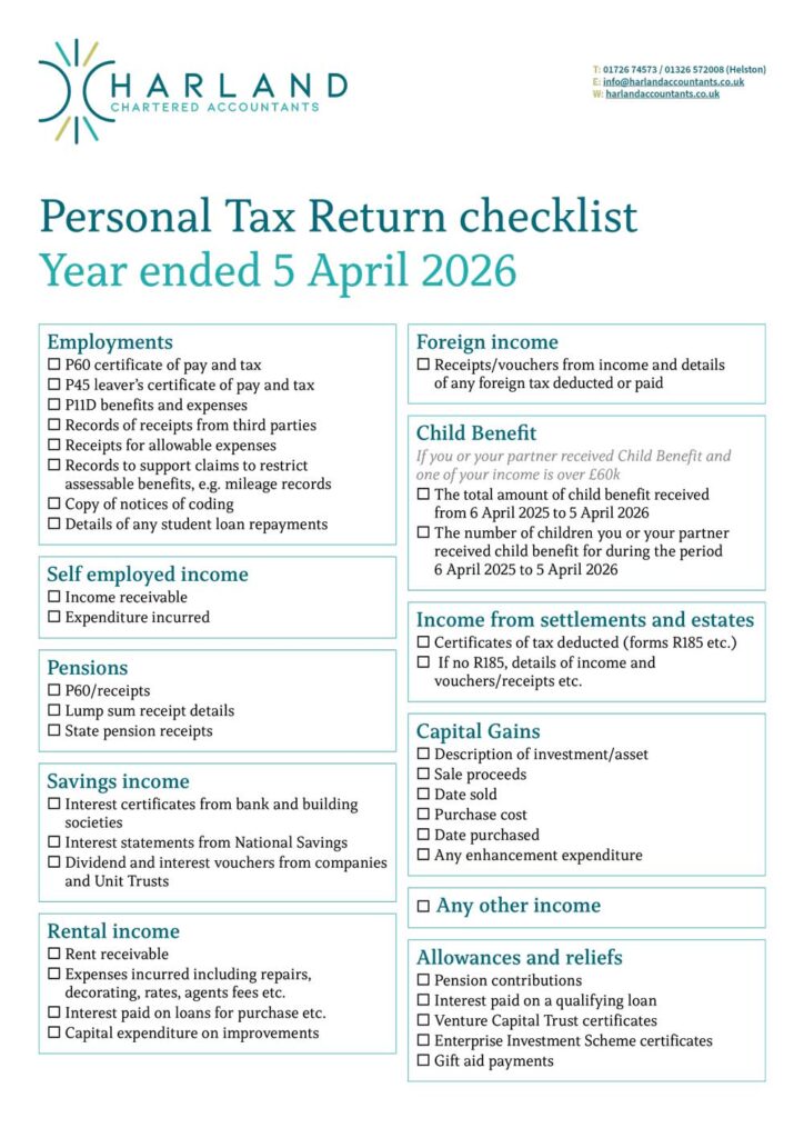 Personal tax return check list or self assessment tax return checklist