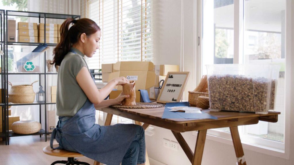 Recyclable packaging and materials in a small business workspace